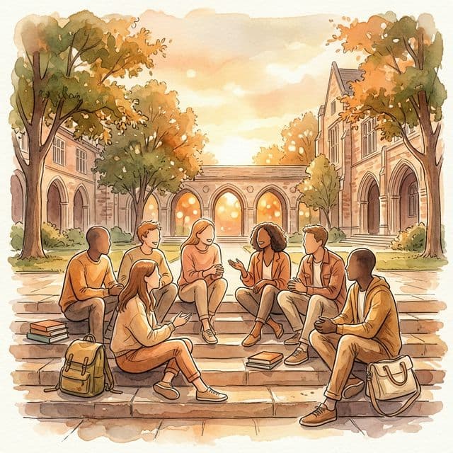 Illustration of students chatting in a campus courtyard